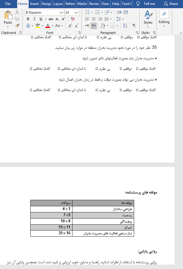 پرسشنامه مدیریت بحران