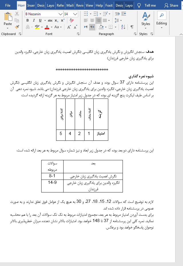 پرسشنامه یادگیری زبان انگلیسی